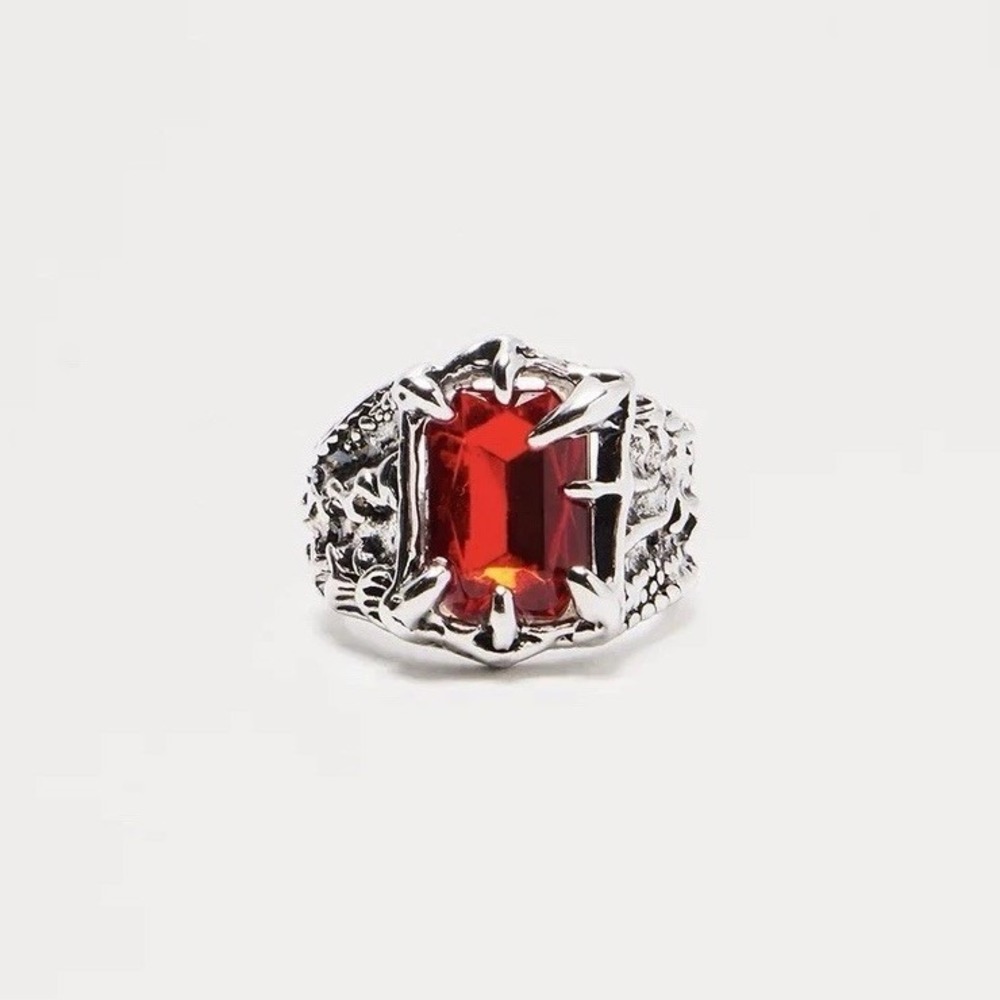 Silver Red‎ Stone Ring Men 8.5 Goth Punk Horror Biker Claw Tooth Ruby Color